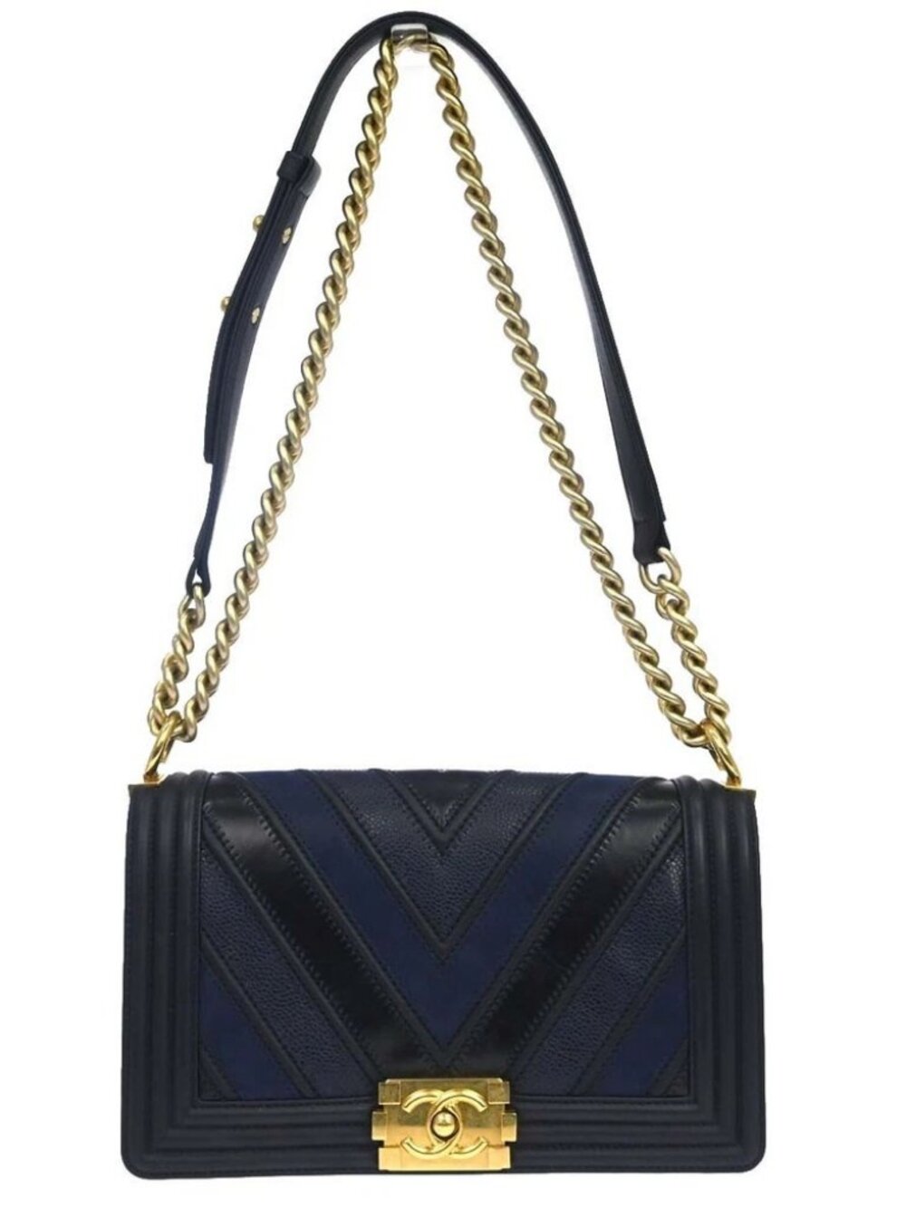 Boy Chanel Black Navy Calfskin Medium Chain Shoulder Bag